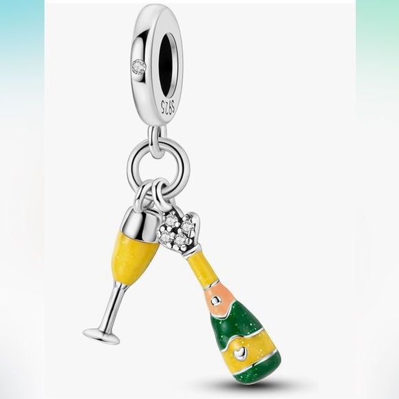 Champagne and glass charm fits all Pandora bracelets sterling silver - Picture 1 of 3